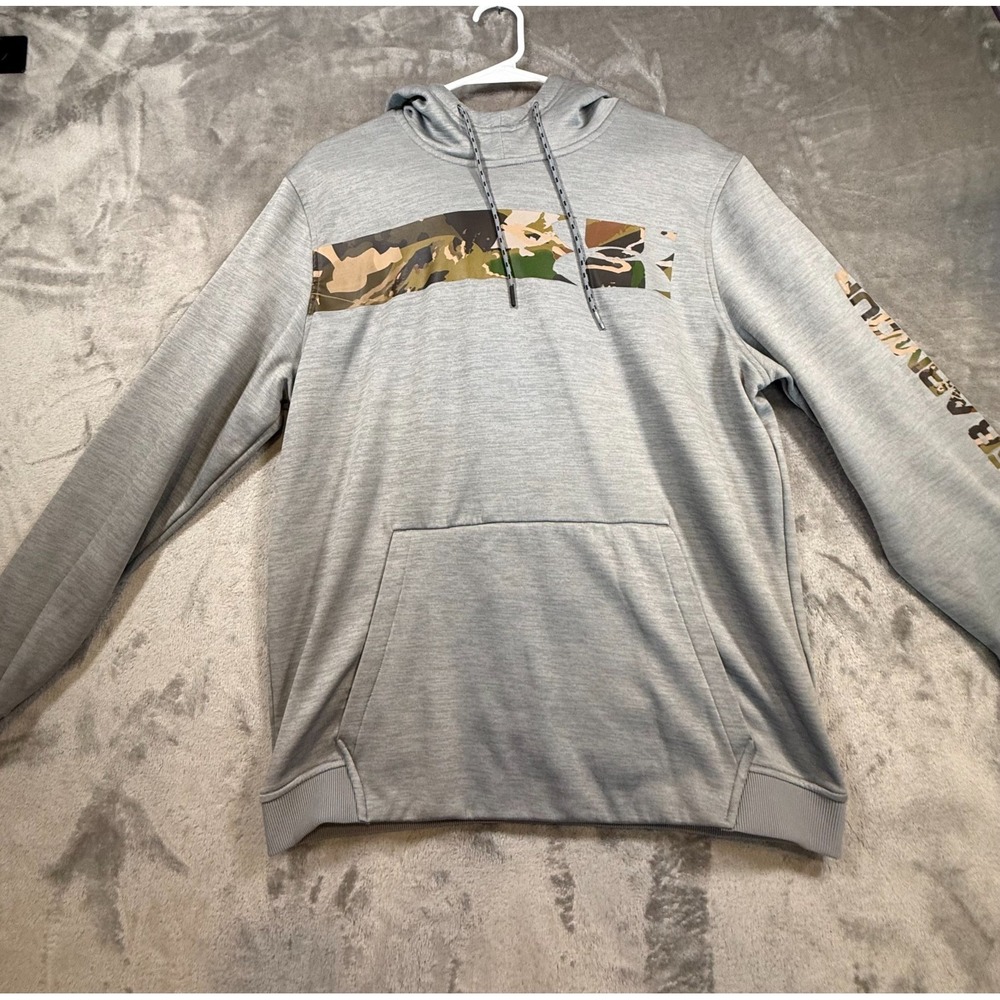Under Armour ColdGear Camo Logo Hoodie Gray Men's Large Loose Fit Pullover Sweat